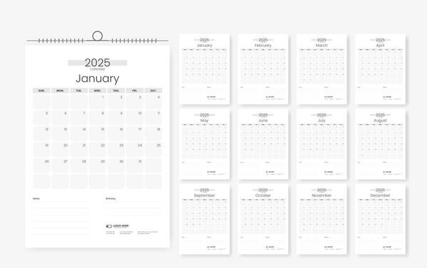 Minimal and clean calendar design template for 2025 year