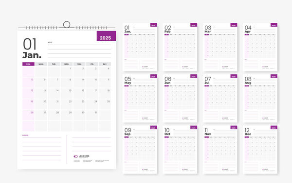 Minimal and clean calendar design template for 2025 year