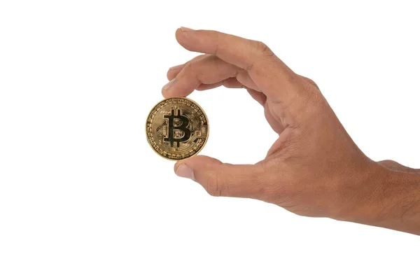 Mão Segurando Bitcoin Token Dourado Branco Isolado — Fotografia de Stock