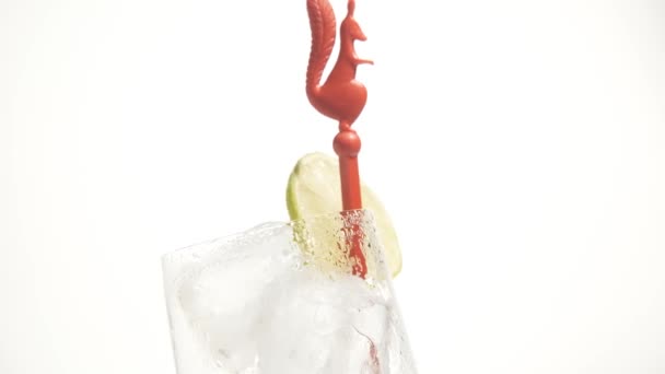 带有冰块的新鲜玻璃杯 用红色松鼠的搅拌棒制成 — 图库视频影像