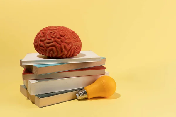 Cerebro Una Bombilla Libros Sobre Fondo Amarillo — Foto de Stock