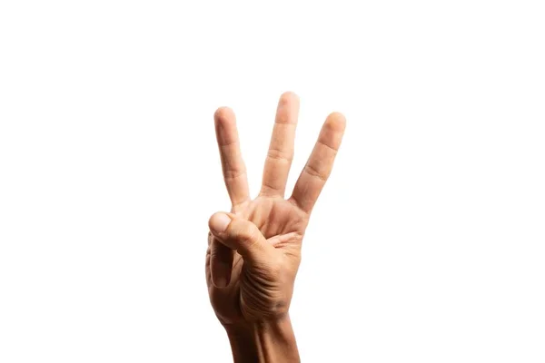 Handzeichen Für Nummer Drei Isoliert Auf Weiß — Stockfoto