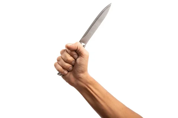 Schwarze Männliche Hand Hält Ein Silbernes Messer Auf Einem Isolierten — Stockfoto