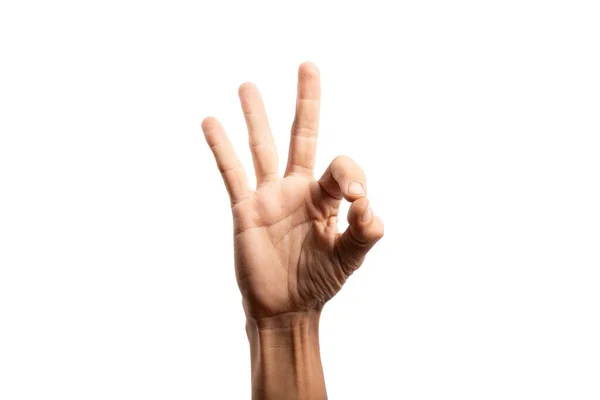 Schwarze Männliche Hand Zeichen Auf Weißem Hintergrund Ausgeschnitten — Stockfoto
