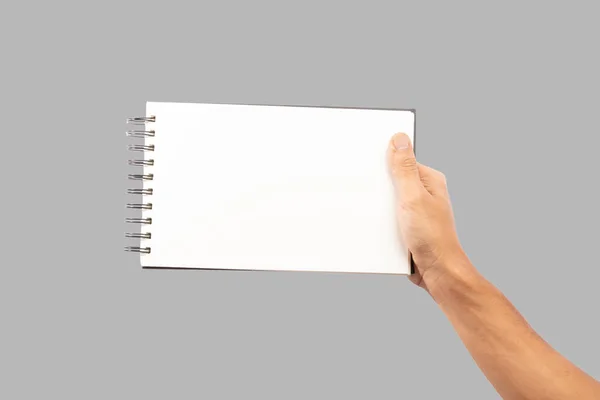 Mano Masculina Negra Sosteniendo Cuaderno Cuaderno Blanco Aislado —  Fotos de Stock