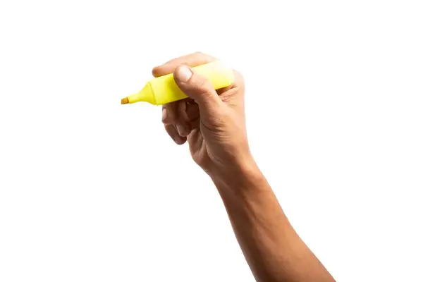 黑色的男性手拿着一支黄色的笔 高光隔离 — 图库照片