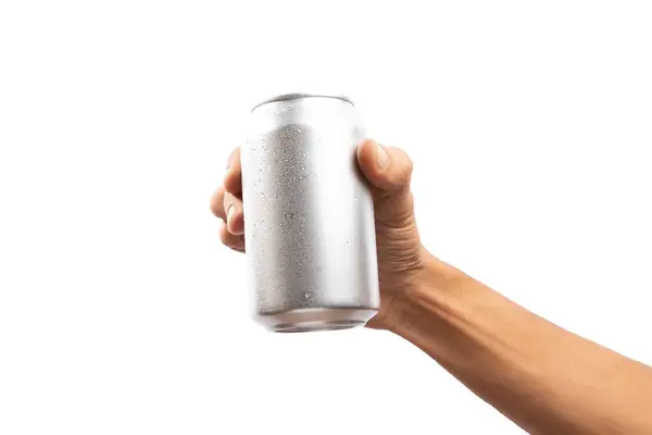 Black Male Hand Holding Aluminum Drinking Can — Stock Photo, Image