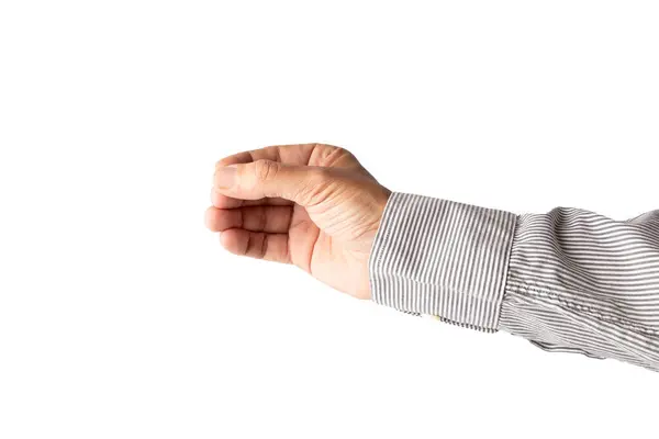 Beyaz arka planda mavi çizgili beyaz gömlekli erkek el hareketi yapıyor. Yüksek kalite fotoğraf