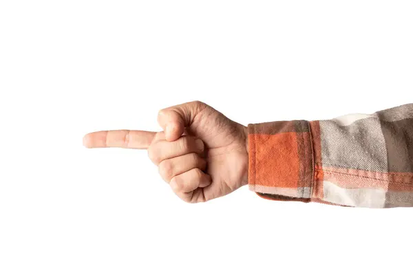 Klasik kare desenli tişörtlü erkek parmak gösteren, izole beyaz arka plan. Yüksek kalite fotoğraf