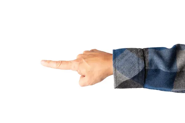 Klasik kare desenli mavi gömlekli, beyaz arka planda parmak izine sahip bir erkek. Yüksek kalite fotoğraf