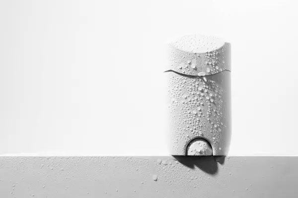Beyaz arka planda çekilen beyaz deodorant şişesi maketi. Yüksek kalite fotoğraf