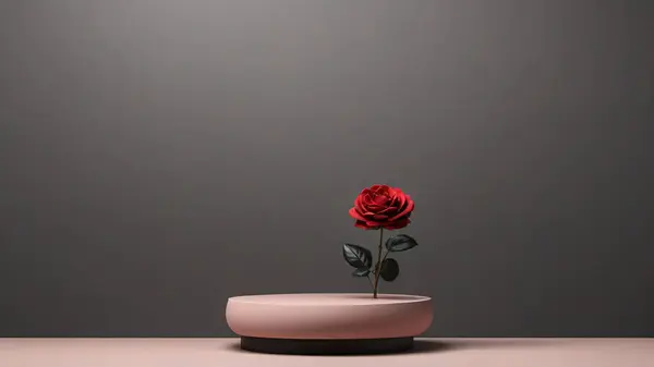Red rose on the podium. 3d render. Minimalist composition. dark background