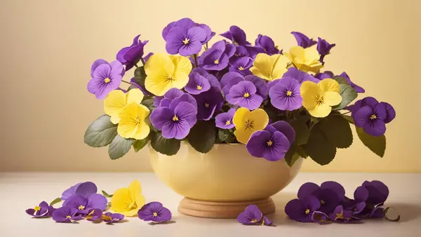 yellow purple violets flower potted light yellow background