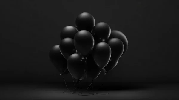 Black balloons on black background. 3D rendering. Minimal concept.