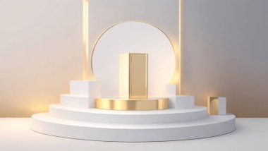 Beyaz podyumun 3D görüntüsü. Beyaz odada altın kaidesi var.