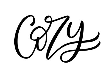 Cozy text. Only one single word cozy. Printable graphic tee. Design doodle for print. Vector illustration. Black and white. Cartoon hand drawn calligraphy style.