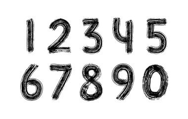 Digits set hand drawn with dry brush. Numbers logos. Rough strokes modern calligraphy text style. Grunge lettering design elements for banner, shirt, label, badge, card or poster. Vector illustration.