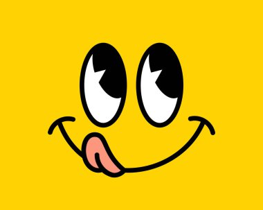 Yum yum smile emoji label with tongue lick mouth. Trendy Printable graphic tee. Yummy Design doodle face for print. Vector illustration. Colorful. Retro cartoon style. Yellow Black and white