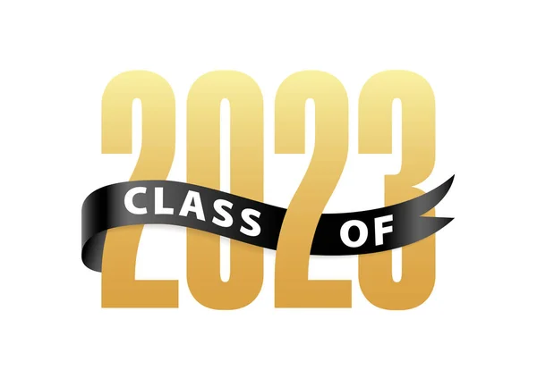 Class of 2023 Gold Lettering Graduation 3d logo with ribbon. Template for graduation design, party, high school or college graduate, yearbook. Vector illustration