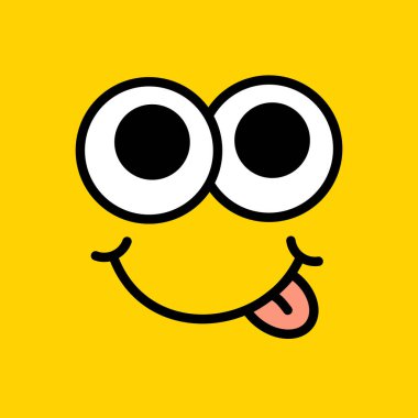 Dilini yalayan çizgi film suratı. Moda basılabilir grafik tişörtü. Lezzetli tasarım karalama yüzü. Vektör çizimi. Renkli. 70 'ler tarzı Retro çizgi film. Sarı Siyah ve Beyaz