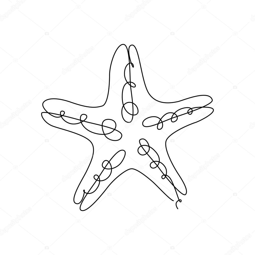 STARFISH LINE ART. Vector starfish. Continuous Line Drawing Vector for print poster, card, sticker tattoo. Single line art. One Line Hand Drawn Illustration of Sea Star. Simple outline style