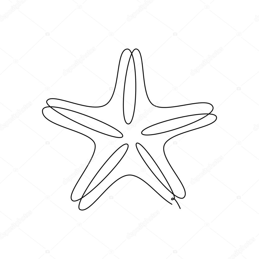 STARFISH LINE ART. Vector starfish. Continuous Line Drawing Vector for print poster, card, sticker tattoo. Single line art. One Line Hand Drawn Illustration of Sea Star. Simple outline style