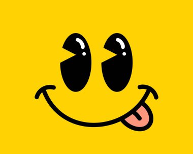 Dilini yalayan çizgi film suratı. Moda basılabilir grafik tişörtü. Lezzetli tasarım karalama yüzü. Vektör çizimi. Renkli. 70 'ler tarzı Retro çizgi film. Sarı Siyah ve Beyaz