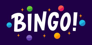 Piyango topları ve yıldızlı BINGO logosu. Bingo oyunu. Vektör çizimi, şanslı alıntı. Talih mesajı. Baskı posteri, kart, çıkartma, oyun, piyango kazanma konsepti ve kumarhane için grafik logo tasarımı