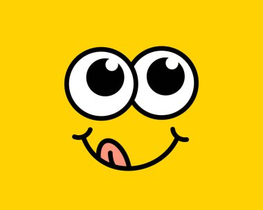 Lezzetli çizgi film suratı ve dil yalama ağzı. Moda basılabilir grafik tişörtü. Lezzetli tasarım karalama yüzü. Vektör çizimi. Renkli. 70 'ler tarzı Retro çizgi film. Sarı Siyah ve Beyaz