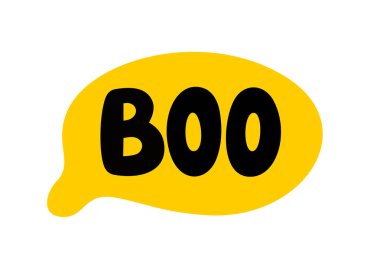 BOO text. BOO Halloween word. Speech bubble. Vector illustration. Boo Word in a text box. Doodle style. Hand drawn quote. Design print on shirt, card, poster, tee. Lettering scary balloon clipart