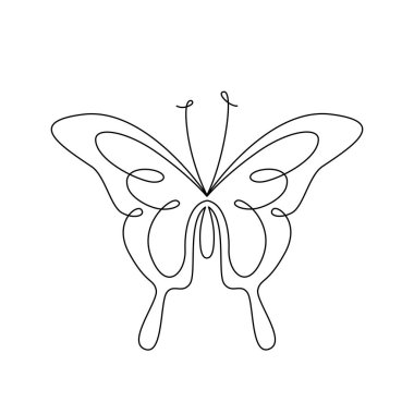 Kelebek çizgisi sanatı. Vektör kelebek. Devamlı Kelebek Kanatları. Baskı posteri için grafiksel vektör, çıkartma dövmesi, yaz böceği desenli tişört. Beyaz Arkaplanda Bir Satır Siyah Basit Görüntü