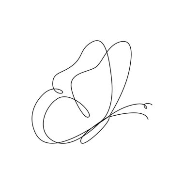 Kelebek çizgisi sanatı. Vektör kelebek. Devamlı Kelebek Kanatları. Baskı posteri için grafiksel vektör, çıkartma dövmesi, yaz böceği desenli tişört. Beyaz Arkaplanda Bir Satır Siyah Basit Görüntü