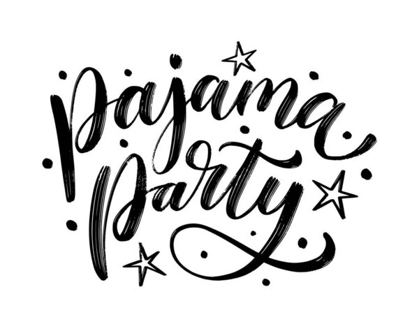 PAJAMA PARTY text. Sleepover party. Pajamas night. Slumber party. Vector illustration Brush calligraphy text pajama party logo. Graphic Design print for t shirt, label, sticker, card, poster, banner