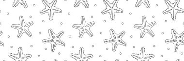 Yıldız Balığı, kusursuz bir patern. Grafiksel tasarım, denizyıldızı deseni. Deniz yıldızı deseni. Kusursuz çizgili denizyıldızı deseni. Yaz kumaşı, tekstil, ambalaj kağıdı için vektör illüstrasyon arka planı