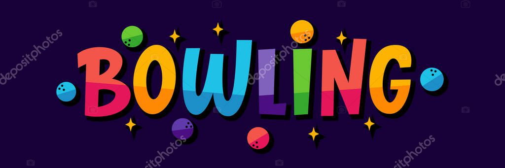BOWLING logo with balls and stars. BOWLING game. Vector illustration quote. Bowling text. Graphic logo design for print poster, card, sticker, game, concept. Target sport