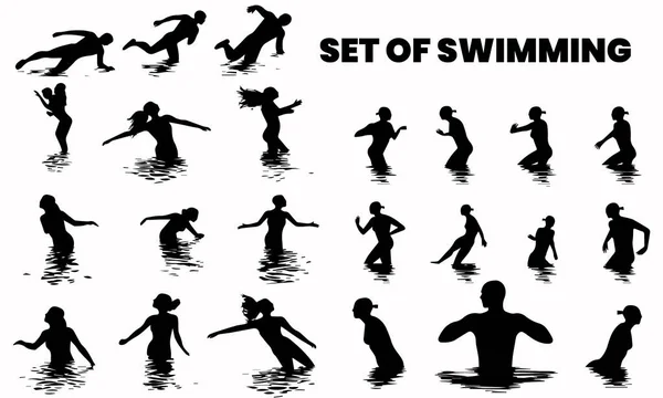 Yüzme Havuzundaki Insanların Siluetleri Siyah Arka Planda Vektör Illüstrasyonları — Stok Vektör