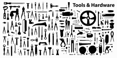 Beyaz arkaplanda izole edilmiş siyah biçimindeki araç simgelerinin vektör illüstrasyon seti