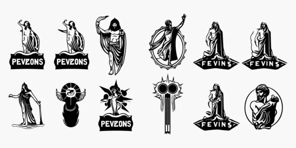 Conjunto Vectores Blanco Negro Iconos Planos Antiguos Símbolos Griegos — Archivo Imágenes Vectoriales
