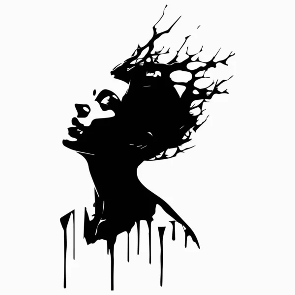 Силуэт Девушки Черными Волосами Короной Фоне Листьев — стоковый вектор