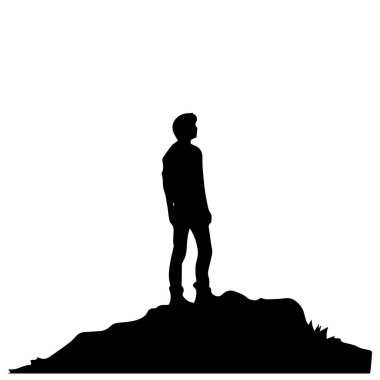 Adam silueti dağın tepesinde duruyor. vektör illüstrasyonu.