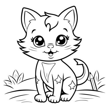 Çizgi filmdeki sevimli kedi çimenlerde oturup dinleniyor. Beyaz arkaplanda izole edilmiş vektör çizimi. boyama kitabı sayfası. Boyama kitabı. Çocuk karakteri. boyama kitabı