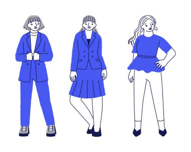 Modern moda insanlarının 3D karakterli farklı şık giyimi.