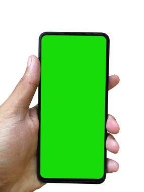 Beyaz arkaplanda boş yeşil ekranlı akıllı telefonu tutan, beyaz arkaplanda boş yeşil ekranlı akıllı telefonu tutan, izole edilmiş.