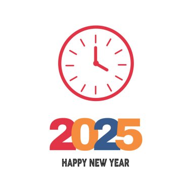 2025 happy new year clock design with orange and red minimalist theme clipart