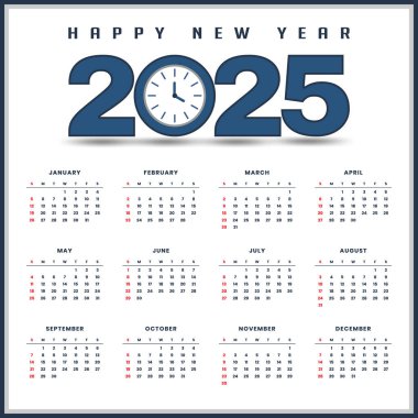 Klasik saat ve mavi temalı 2025 yeni yıl takvimi tasarımı