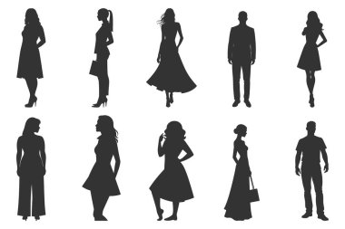 Moda kadını poz veren siyah vektör siluetleri, şık kadın silueti koleksiyonu, modaya uygun model vektör kümesi