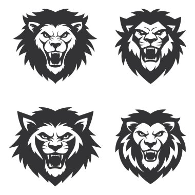 Aslan başlı logo seti, vektör illüstrasyon koleksiyonu, aslan silueti amblemi, markalaşma ve kimlik için görkemli vahşi hayvan maskotu tasarımı
