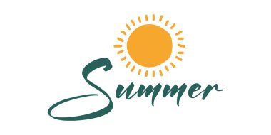 Yaz güneşi logosu, minimalist plaj tasarımı, tropikal tatil rozeti.