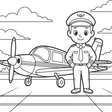 Çocuk pilot uçak karikatür havacılık çiziminin yanında duruyor.