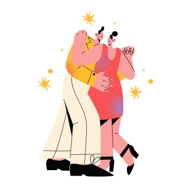 Karakterler dans eder, erkek ve kadın. Balo dansçıları dans hareketleri yapar. Çiftler dans eder, flört eder, ilişki kurar, aşk yaşar. Vektör geçmişe dönük simgelemesi